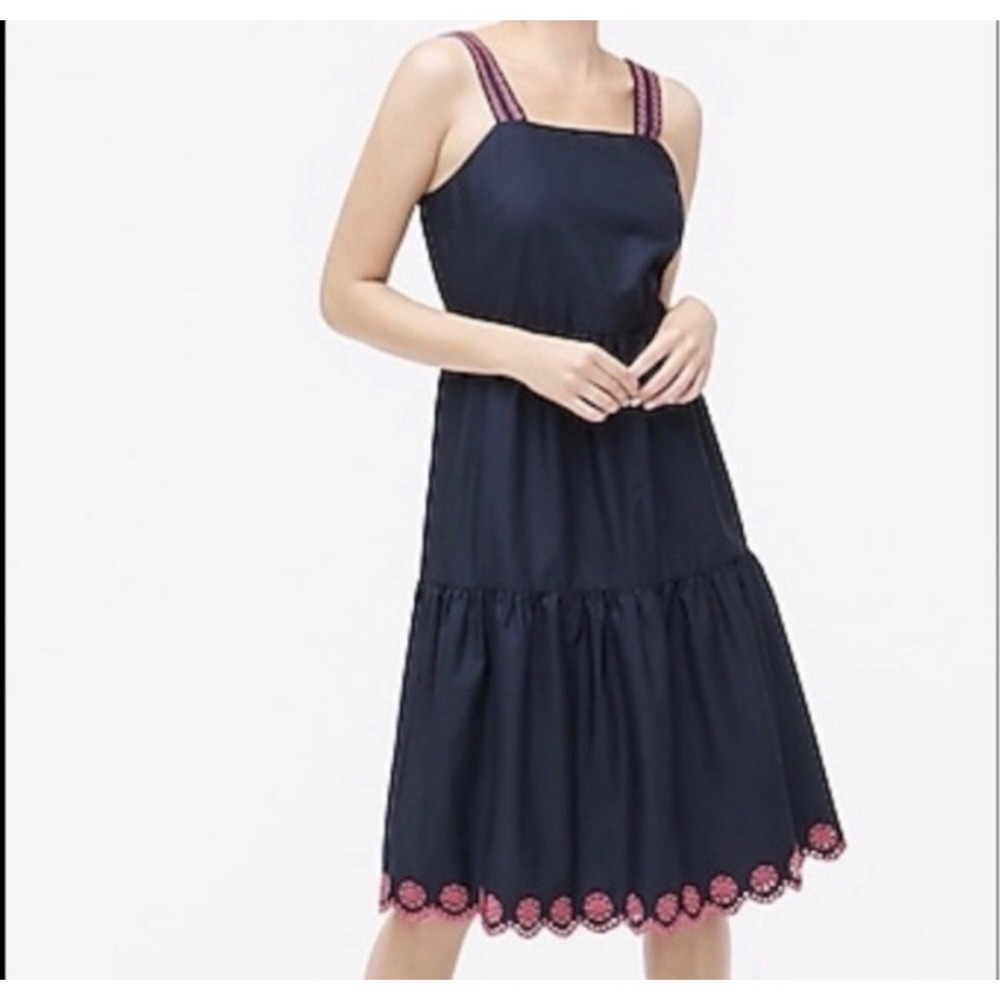 J Crew Navy Pink Embroidered Straps‎ Hem Sleeveless Midi Dress 10 Preppy Peasant